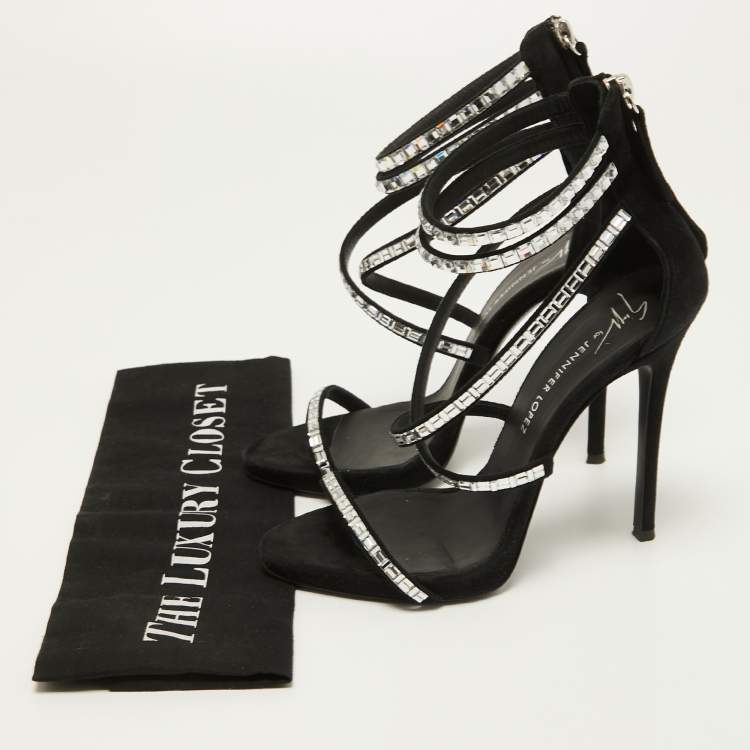 Pre Owned Giuseppe Zanotti Black Suede Crystal Embellished Ankle Strap Sandals Size 36