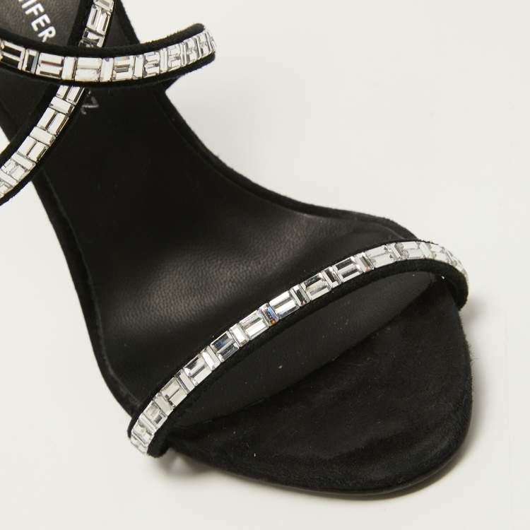 Pre Owned Giuseppe Zanotti Black Suede Crystal Embellished Ankle Strap Sandals Size 36