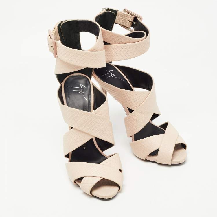 Pre Owned Giuseppe Zanotti Light Pink Snake Embossed Leather Cage Sandals Size 40