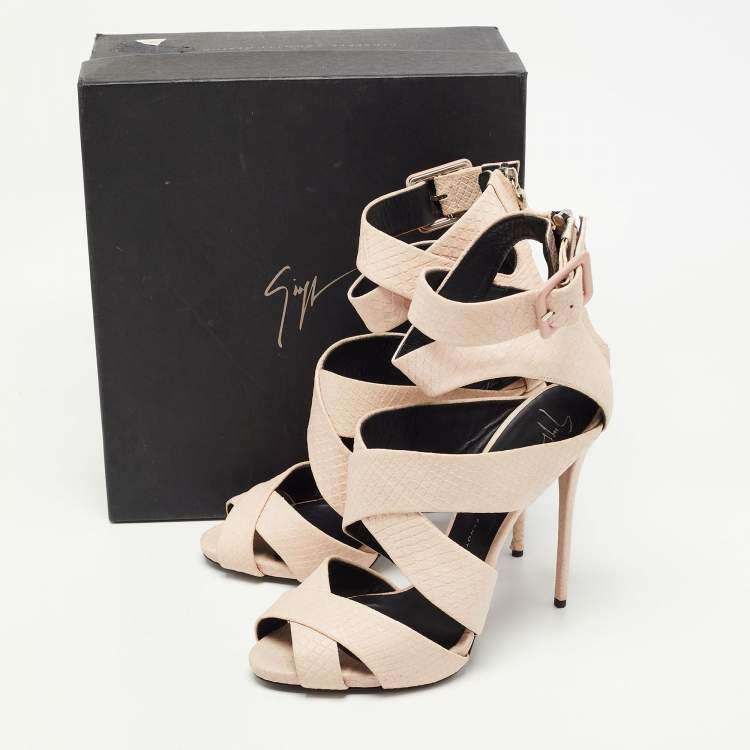 Pre Owned Giuseppe Zanotti Light Pink Snake Embossed Leather Cage Sandals Size 40