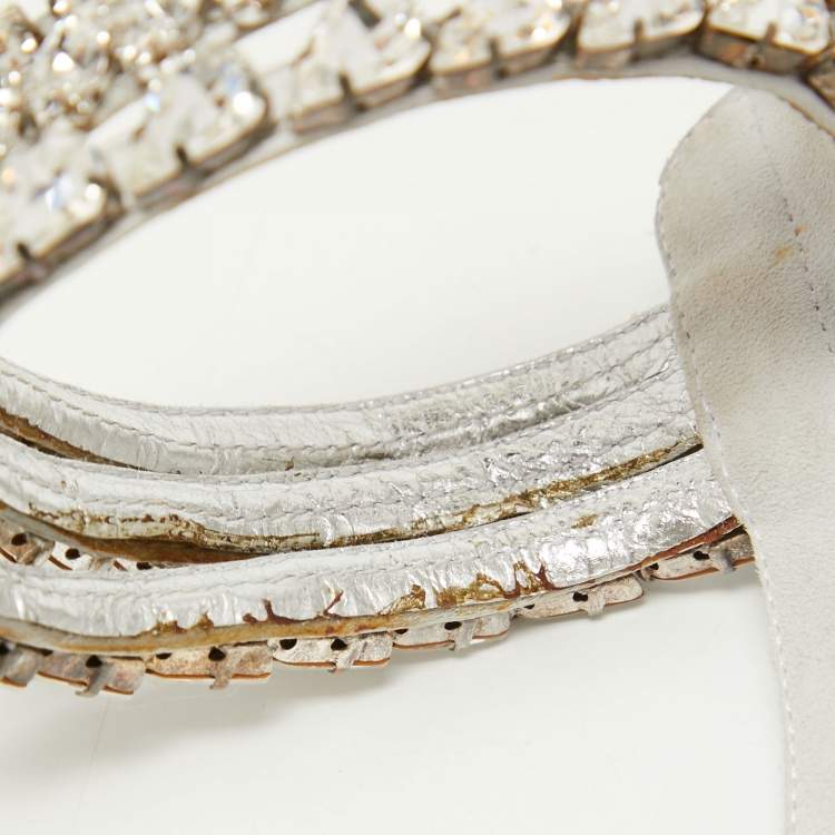 Pre Owned Giuseppe Zanotti Silver Leather and Satin Crystal Embellished Ankle Strap Sandals Size 36.5