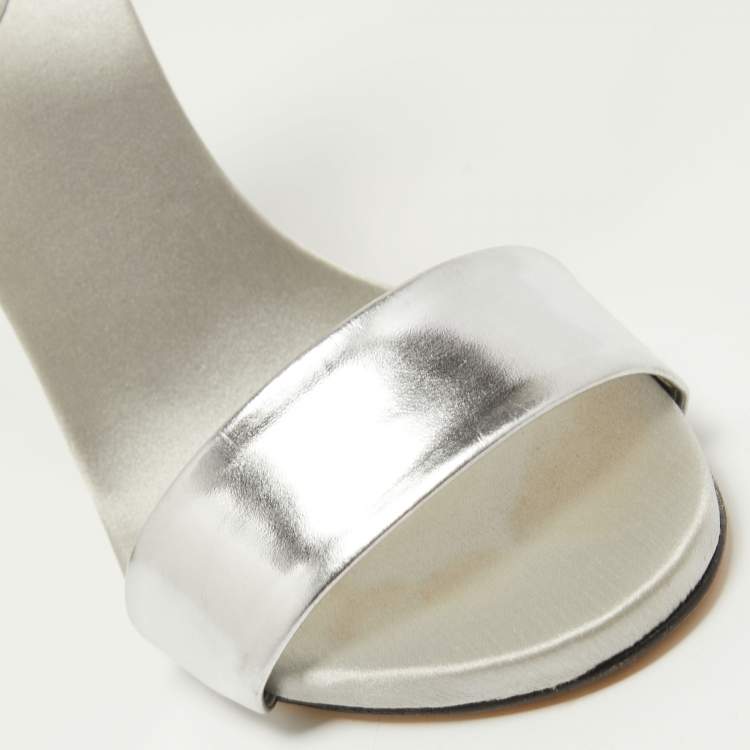 Pre Owned Giuseppe Zanotti Silver Leather and Satin Crystal Embellished Ankle Strap Sandals Size 36.5