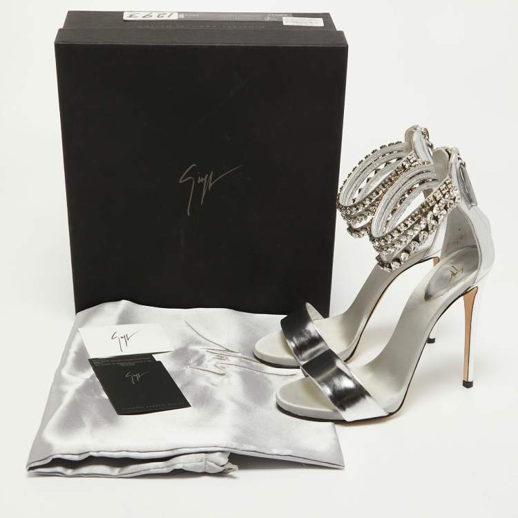 Pre Owned Giuseppe Zanotti Silver Leather and Satin Crystal Embellished Ankle Strap Sandals Size 36.5