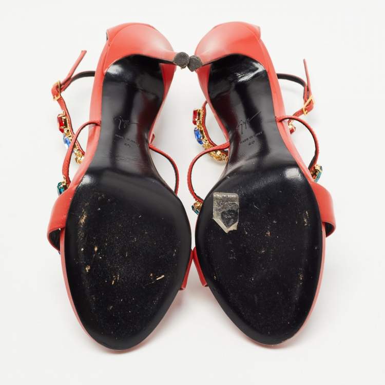 مملوكة مسبقًا Giuseppe Zanotti Orange Leather Elba Crystal Embellished Sandals Size 40