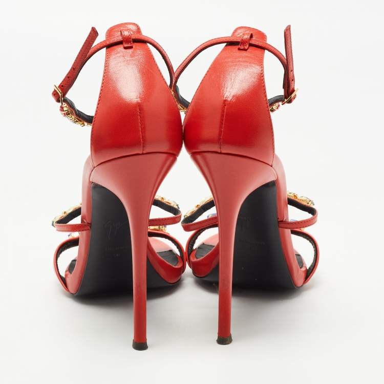 مملوكة مسبقًا Giuseppe Zanotti Orange Leather Elba Crystal Embellished Sandals Size 40