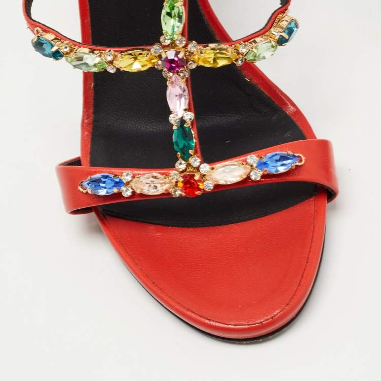 مملوكة مسبقًا Giuseppe Zanotti Orange Leather Elba Crystal Embellished Sandals Size 40