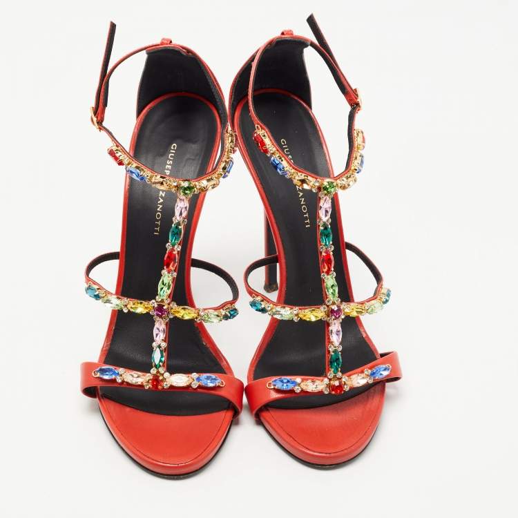 مملوكة مسبقًا Giuseppe Zanotti Orange Leather Elba Crystal Embellished Sandals Size 40