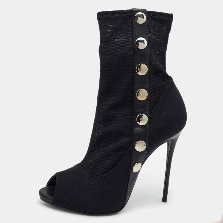 Pre Owned Giuseppe Zanotti Black Mesh And Leather Ankle Boots Size 40