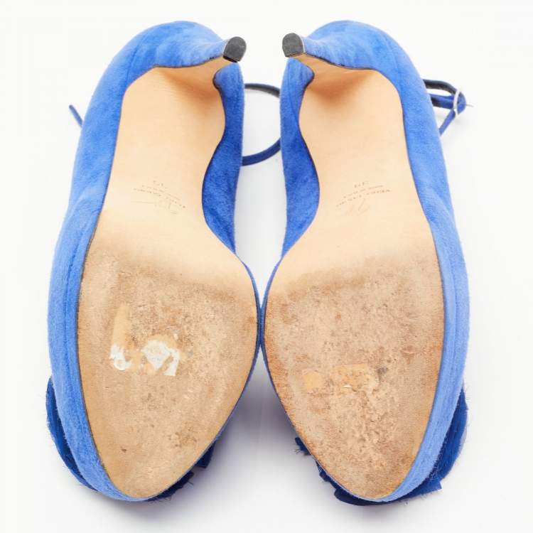 Pre Owned Giuseppe Zanotti Blue Suede Flower Applique Peep Toe Platform Ankle Strap Pumps Size 39