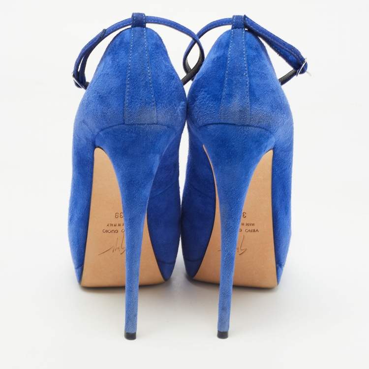 Pre Owned Giuseppe Zanotti Blue Suede Flower Applique Peep Toe Platform Ankle Strap Pumps Size 39