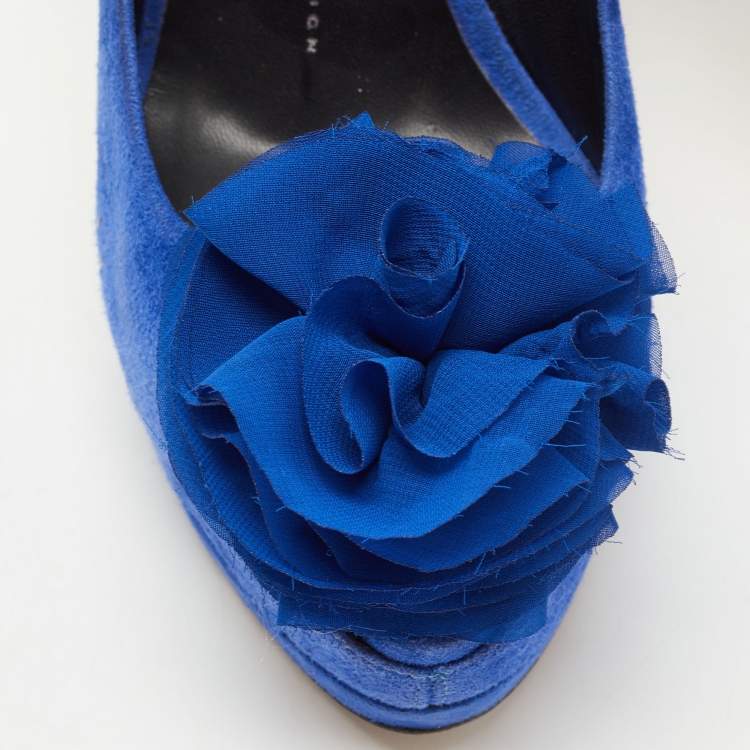 Pre Owned Giuseppe Zanotti Blue Suede Flower Applique Peep Toe Platform Ankle Strap Pumps Size 39