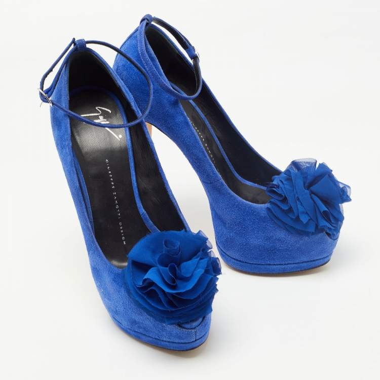 Pre Owned Giuseppe Zanotti Blue Suede Flower Applique Peep Toe Platform Ankle Strap Pumps Size 39