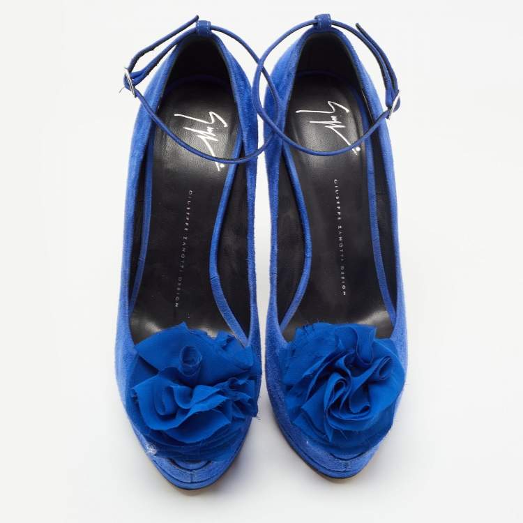 Pre Owned Giuseppe Zanotti Blue Suede Flower Applique Peep Toe Platform Ankle Strap Pumps Size 39