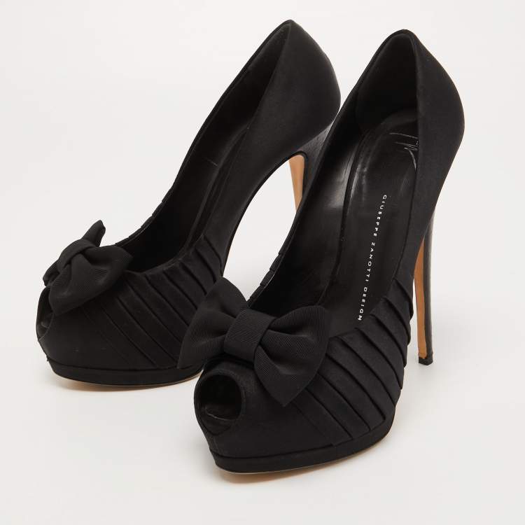 Pre Owned Giuseppe Zanotti Black Satin Bow Peep Toe Platform Pumps Size 39.5