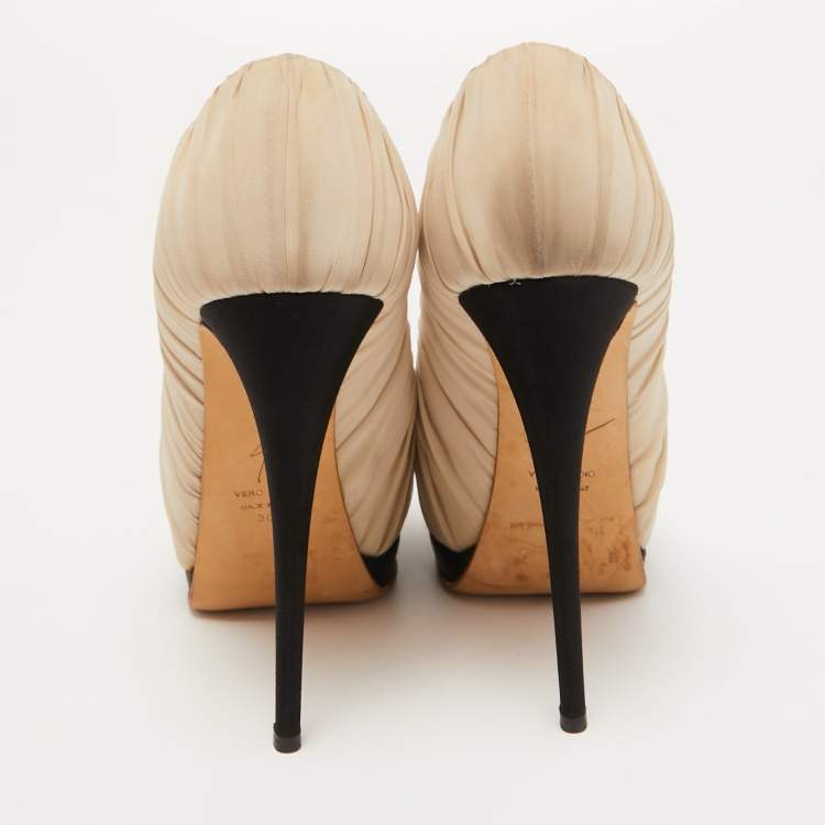 Pre Owned Giuseppe Zanotti Cream Ruched Fabric Peep Toe Platform Pumps Size 36.5