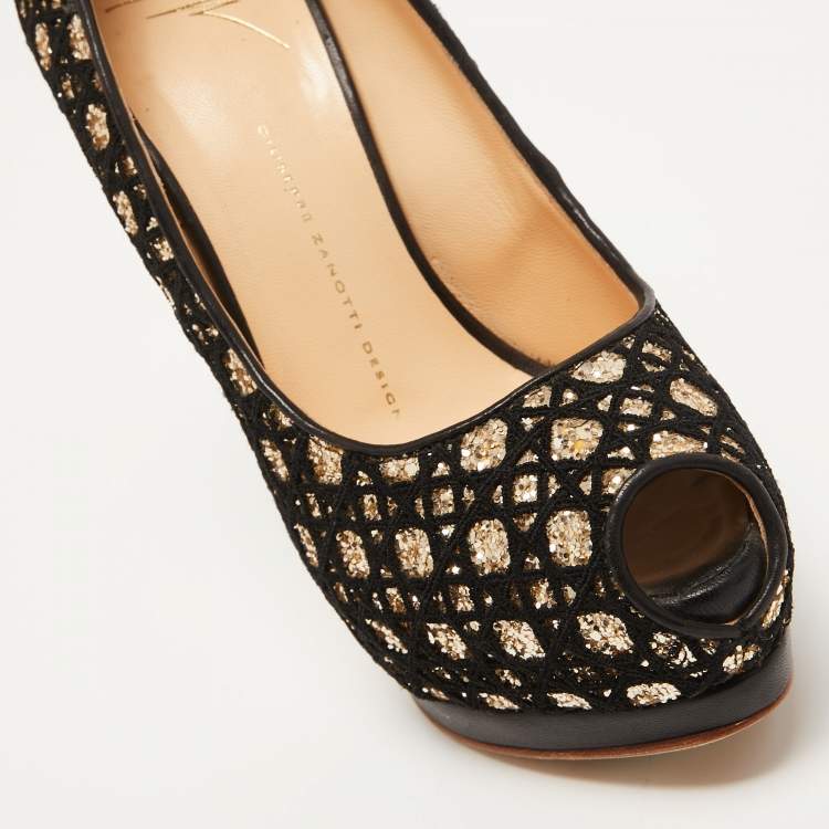 مملوكة مسبقًا Giuseppe Zanotti Black/Gold Lace and Glitter Sharon Peep Toe Pumps Size 38.5
