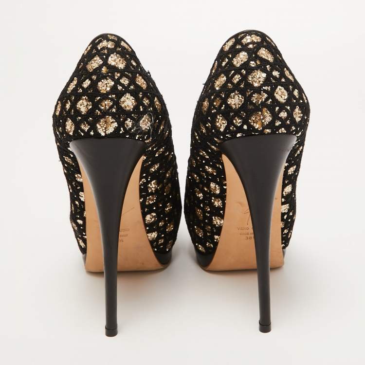 مملوكة مسبقًا Giuseppe Zanotti Black/Gold Lace and Glitter Sharon Peep Toe Pumps Size 38.5