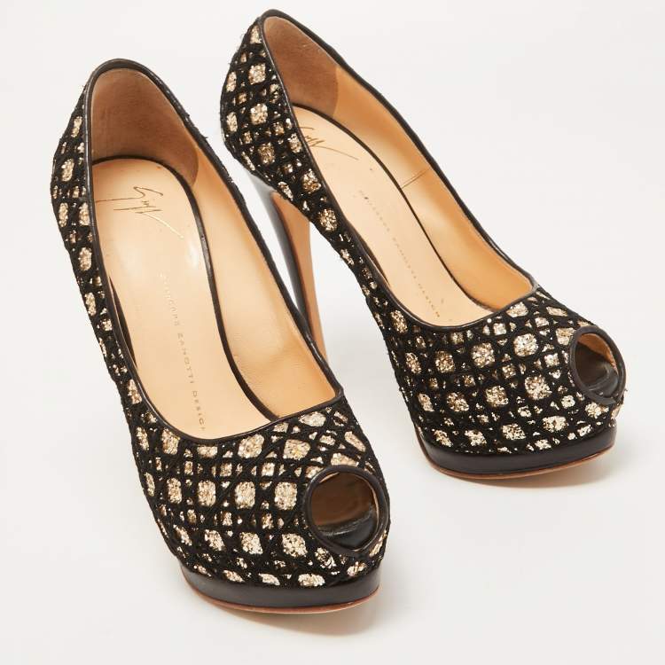 مملوكة مسبقًا Giuseppe Zanotti Black/Gold Lace and Glitter Sharon Peep Toe Pumps Size 38.5