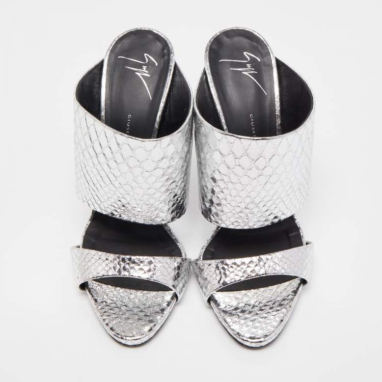 Pre Owned Giuseppe Zanotti Silver Python Andrea Mule Sandals Size 40