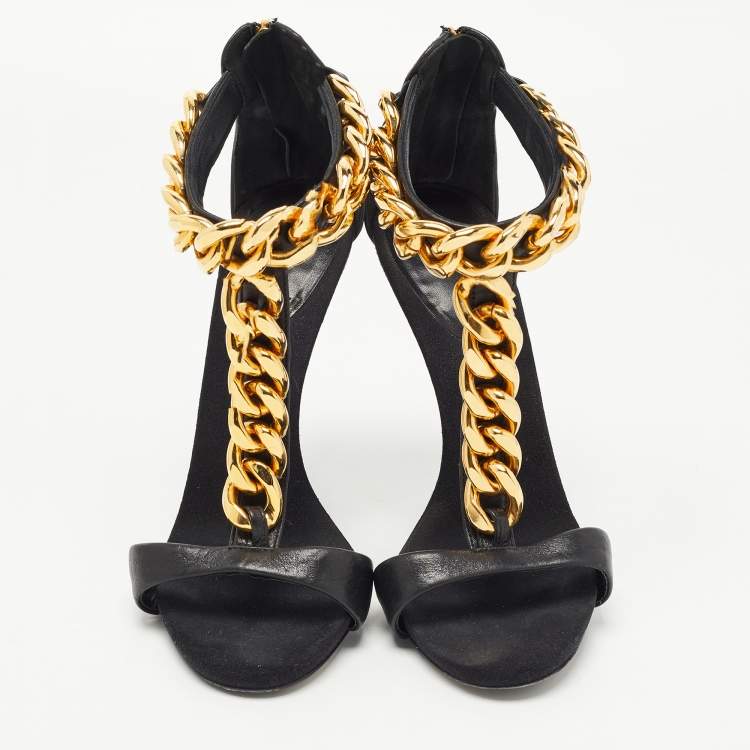 Pre Owned Giuseppe Zanotti Black Leather and Suede Chain T Strap Sandals Size 39