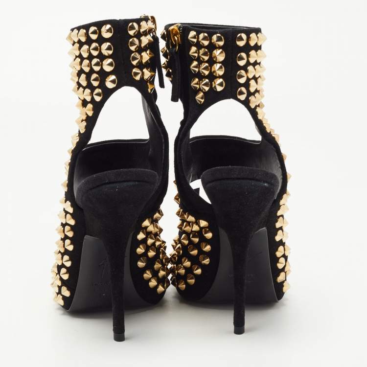 Pre Owned Giuseppe Zanotti Black Suede Studded Cut Out Sandals Size 39.5