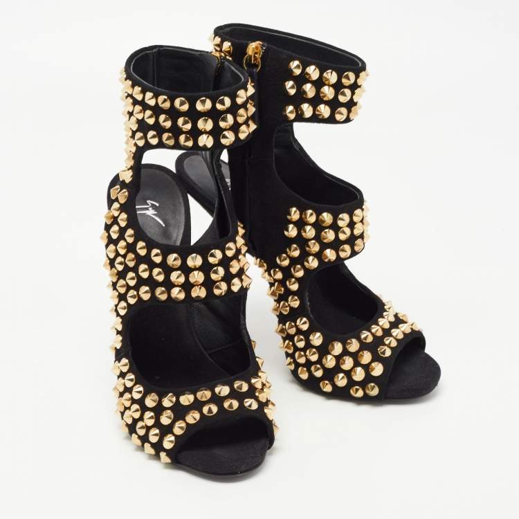 Pre Owned Giuseppe Zanotti Black Suede Studded Cut Out Sandals Size 39.5