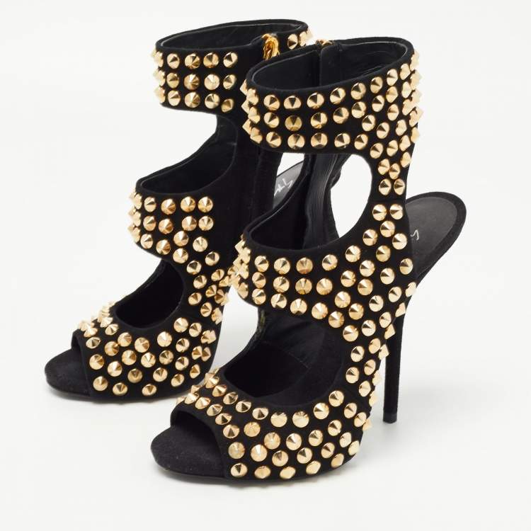 Pre Owned Giuseppe Zanotti Black Suede Studded Cut Out Sandals Size 39.5