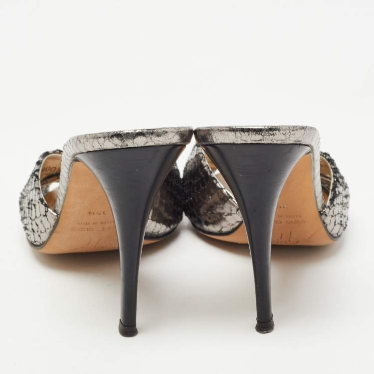 Pre Owned Giuseppe Zanotti Silver Python Leather Embossed Slide Sandals Size 35.5