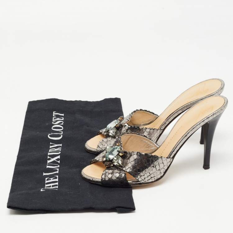 Pre Owned Giuseppe Zanotti Silver Python Leather Embossed Slide Sandals Size 35.5
