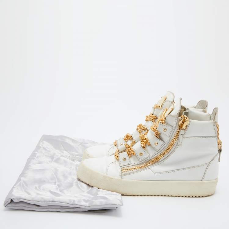 Pre Owned Giuseppe Zanotti White/Gold Leather Royce Chain High Top Sneakers Size 41