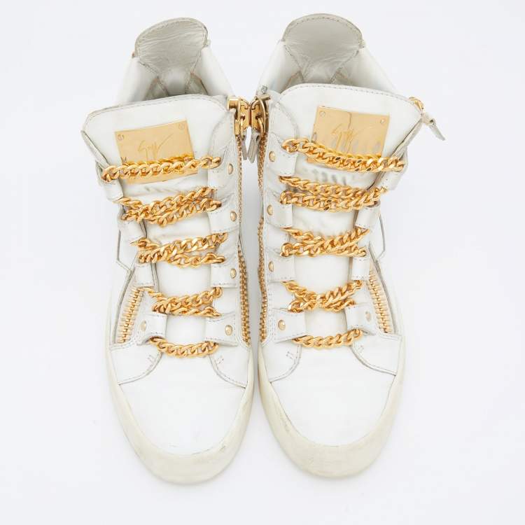 Pre Owned Giuseppe Zanotti White/Gold Leather Royce Chain High Top Sneakers Size 41