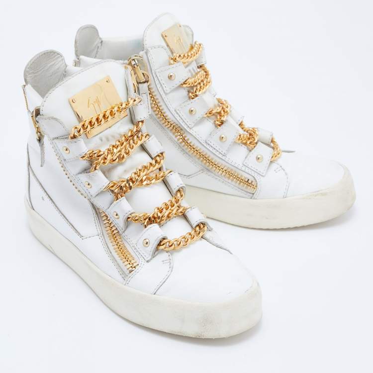 Pre Owned Giuseppe Zanotti White/Gold Leather Royce Chain High Top Sneakers Size 41