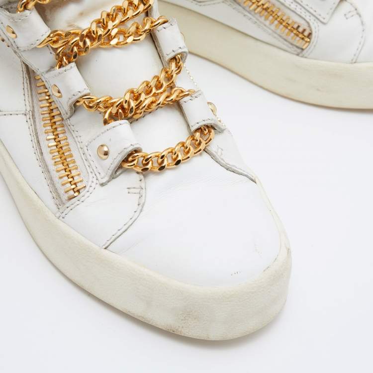 Pre Owned Giuseppe Zanotti White/Gold Leather Royce Chain High Top Sneakers Size 41