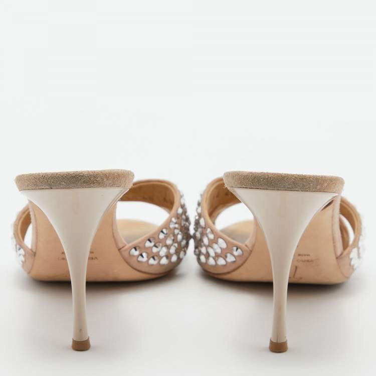 Pre Owned Giuseppe Zanotti Pink Suede Crystal Embellished Slide Sandals Size 40