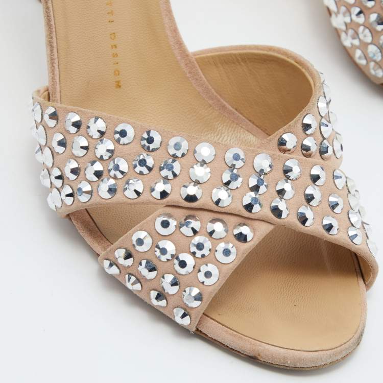 Pre Owned Giuseppe Zanotti Pink Suede Crystal Embellished Slide Sandals Size 40