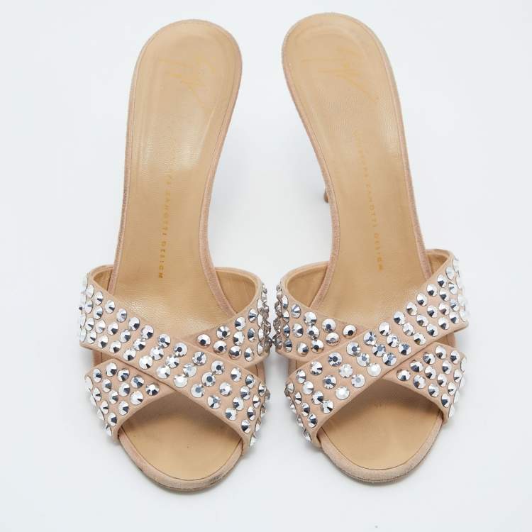 Pre Owned Giuseppe Zanotti Pink Suede Crystal Embellished Slide Sandals Size 40