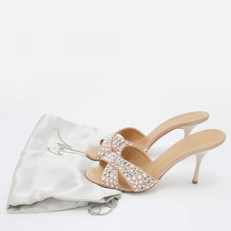 Pre Owned Giuseppe Zanotti Pink Suede Crystal Embellished Slide Sandals Size 40