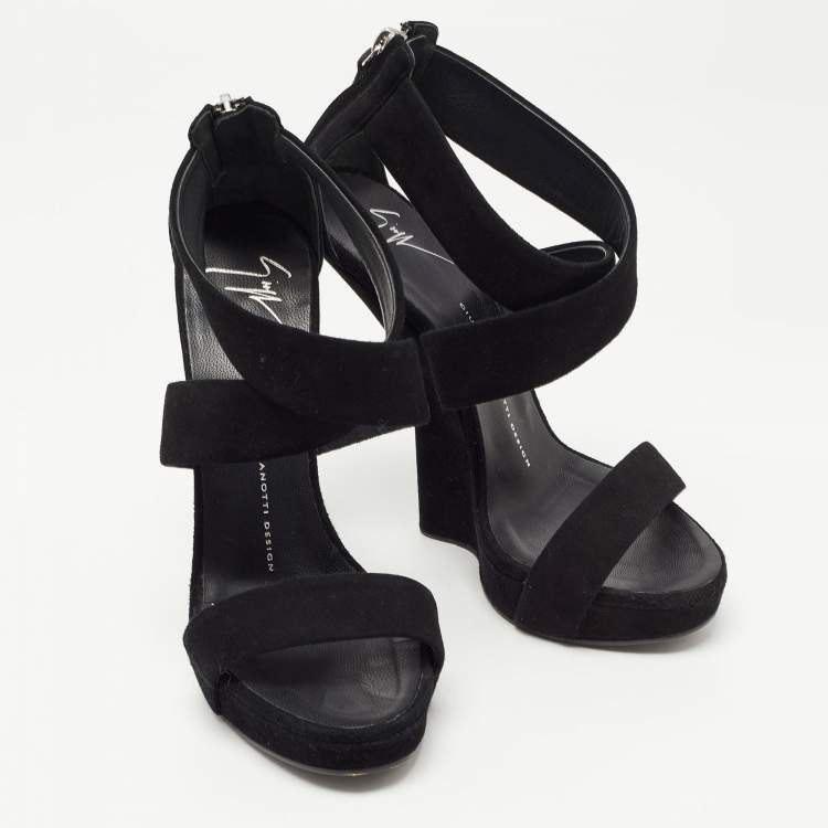 Pre Owned Giuseppe Zanotti Black Suede Ankle Wrap Wedge Sandals Size 37.5