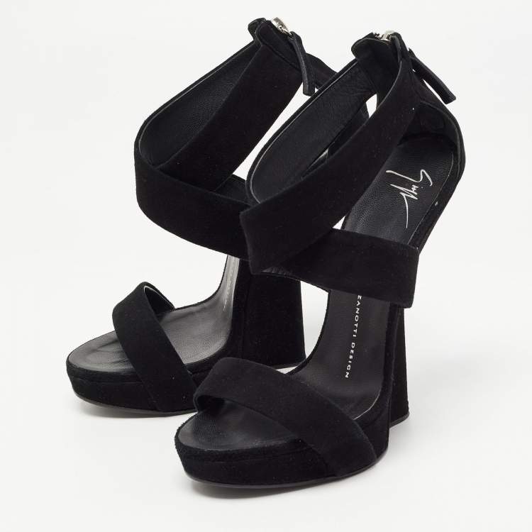 Pre Owned Giuseppe Zanotti Black Suede Ankle Wrap Wedge Sandals Size 37.5