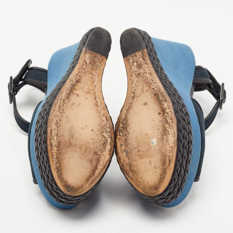 Pre Owned Giuseppe Zanotti Navy Blue/Black Canvas and Leather Ankle Strap Wedge Sandals Size 40