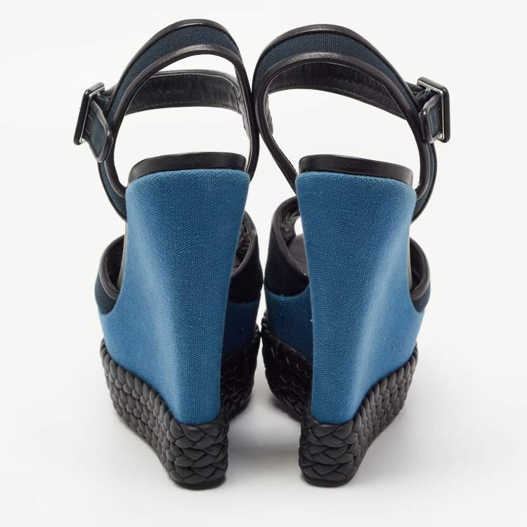 Pre Owned Giuseppe Zanotti Navy Blue/Black Canvas and Leather Ankle Strap Wedge Sandals Size 40