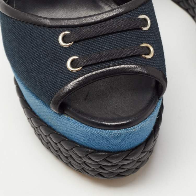 Pre Owned Giuseppe Zanotti Navy Blue/Black Canvas and Leather Ankle Strap Wedge Sandals Size 40
