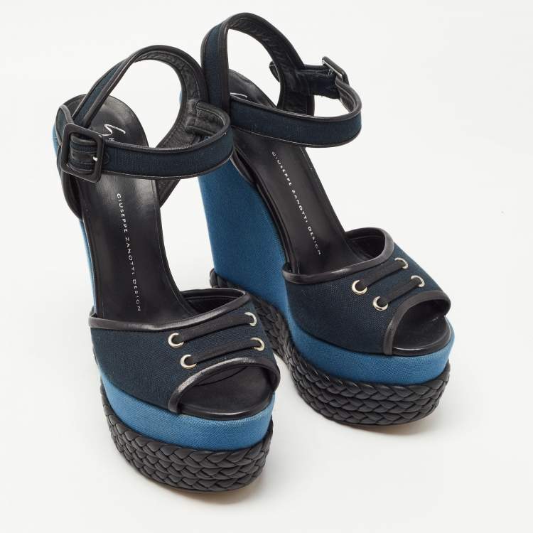 Pre Owned Giuseppe Zanotti Navy Blue/Black Canvas and Leather Ankle Strap Wedge Sandals Size 40