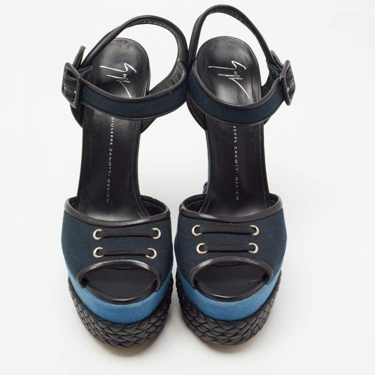 Pre Owned Giuseppe Zanotti Navy Blue/Black Canvas and Leather Ankle Strap Wedge Sandals Size 40