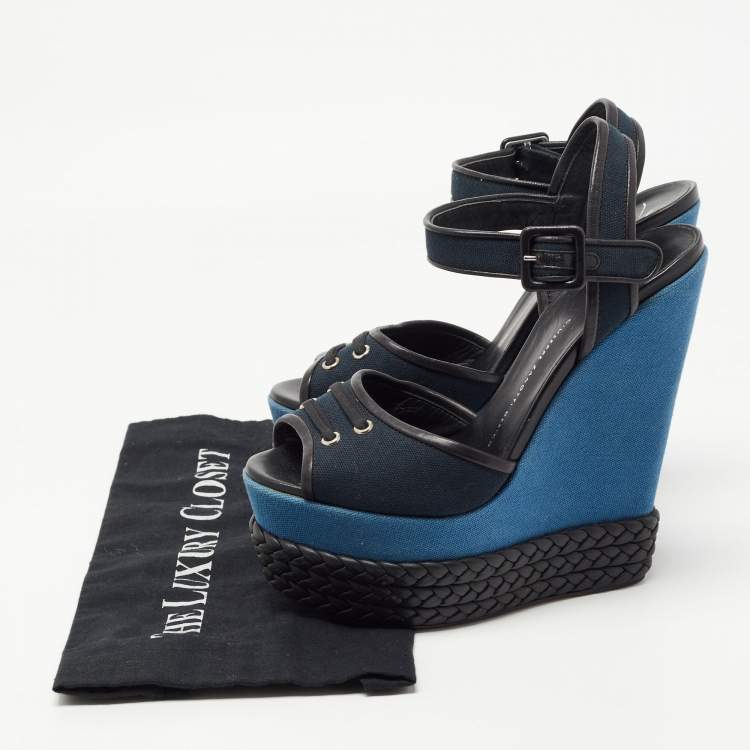 Pre Owned Giuseppe Zanotti Navy Blue/Black Canvas and Leather Ankle Strap Wedge Sandals Size 40