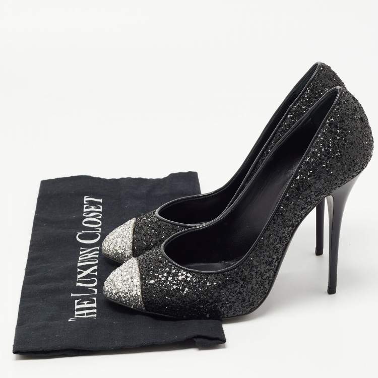 Pre Owned Giuseppe Zanotti Black/Silver Coarse Glitter Cap Toe Pumps Size 39