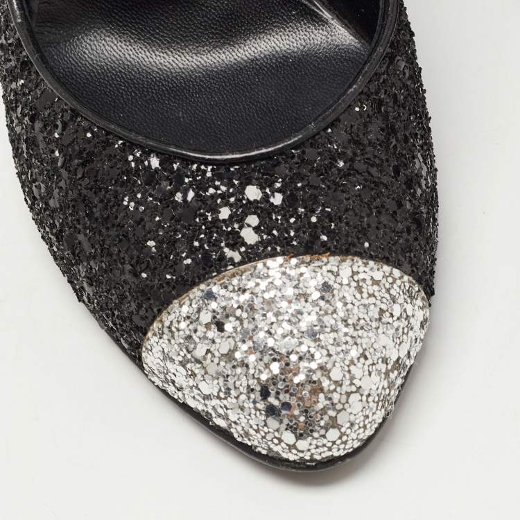 Pre Owned Giuseppe Zanotti Black/Silver Coarse Glitter Cap Toe Pumps Size 39