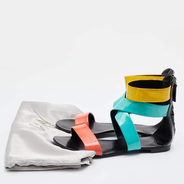 Pre Owned Giuseppe Zanotti Multicolor Patent Leather Flat Gladiator Sandals Size 38.5
