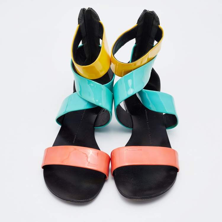 Pre Owned Giuseppe Zanotti Multicolor Patent Leather Flat Gladiator Sandals Size 38.5