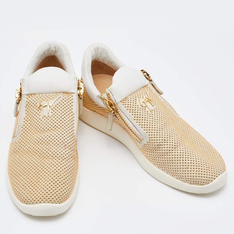 Pre Owned Giuseppe Zanotti White/Gold Studded Leather May London Slip On Sneakers Size 38